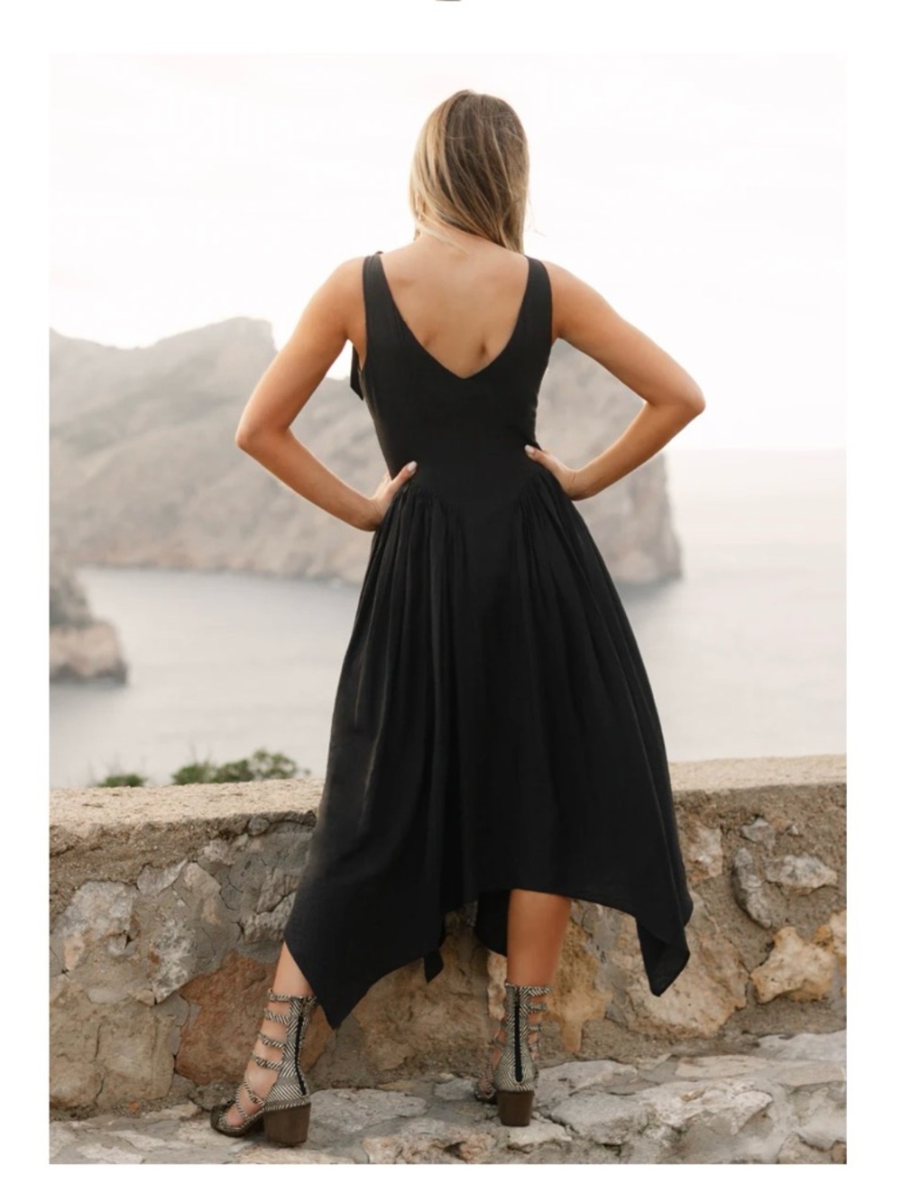 Joyfolie Black Tie-Shoulder Handkerchief Hem Midi Dress - Picture 3 of 3